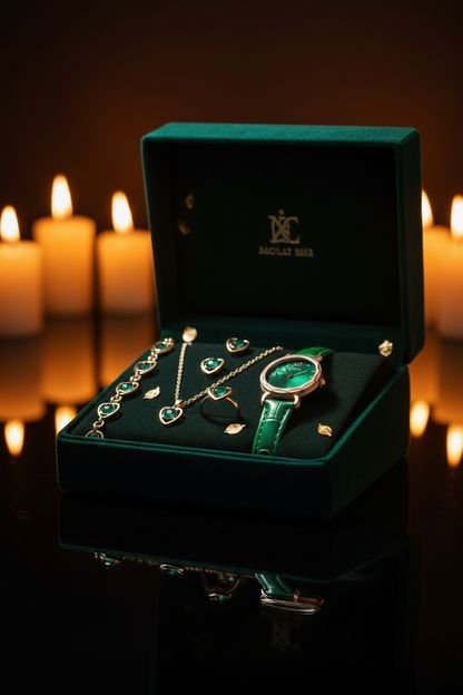 Emerald Green Gold Set - Candlelit Box Elevated View
