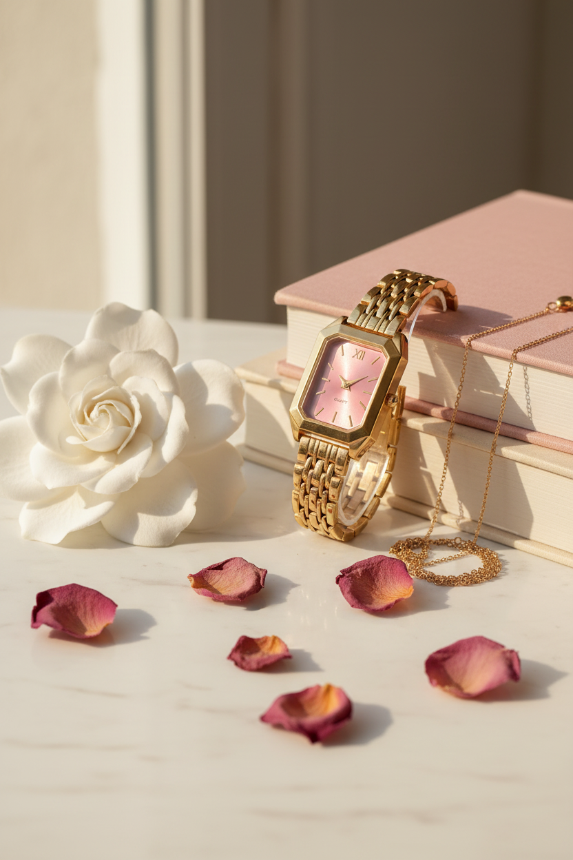 Gold Pink Dial Watch - Marble Book Stack Editorial