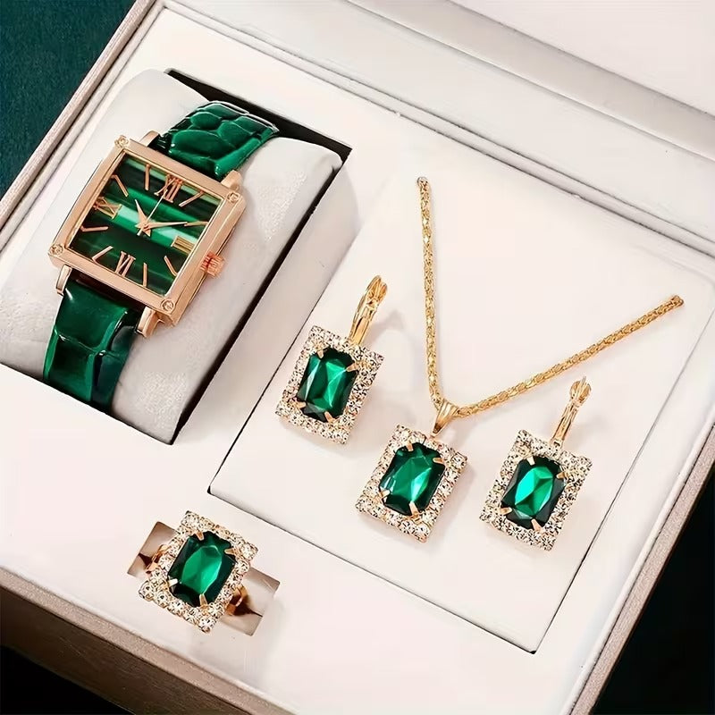 5PCS Women’s Vintage Square Quartz Watch & Jewelry Set