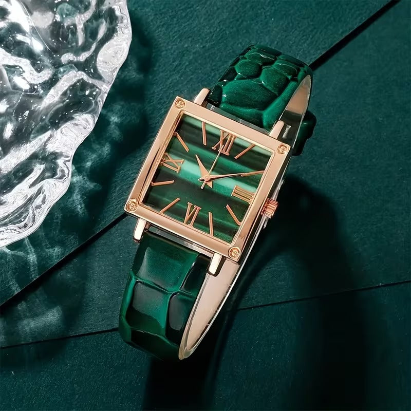 5PCS Women’s Vintage Square Quartz Watch & Jewelry Set