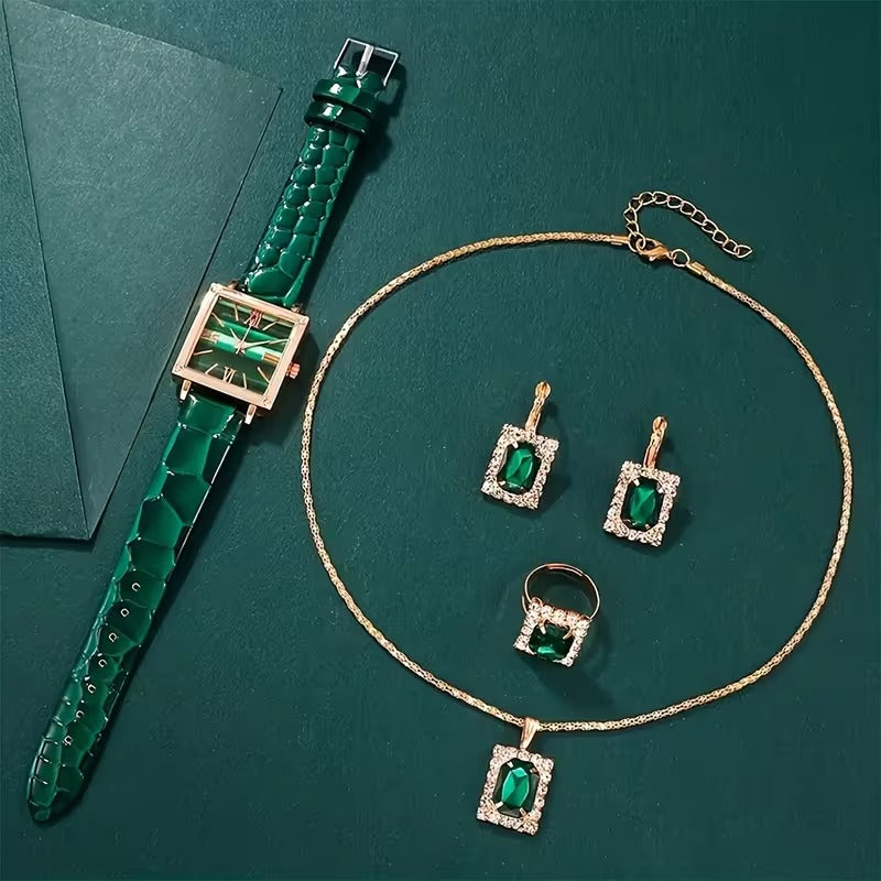 5PCS Women’s Vintage Square Quartz Watch & Jewelry Set