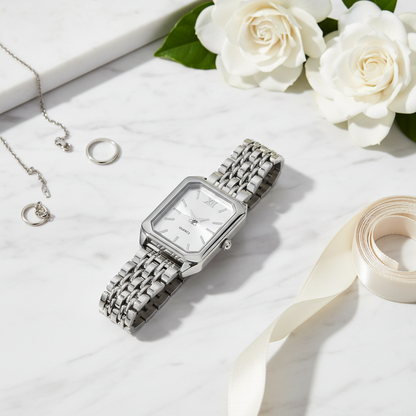 Silver Watch - White Marble Flat Lay